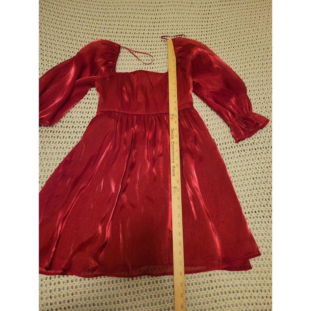 Red Babydoll Minidress Sheer Puff Sleeves Ruffled Cuffs Square Neckline Medium - Picture 5 of 10